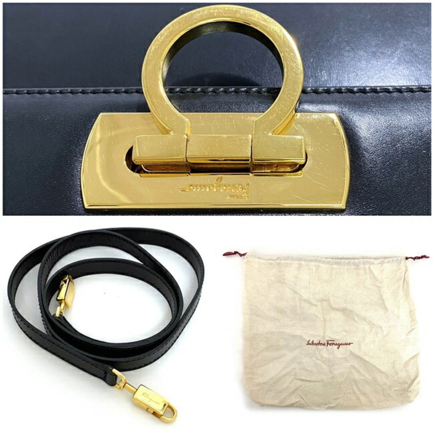 Salvatore Ferragamo Black Leather Gancini