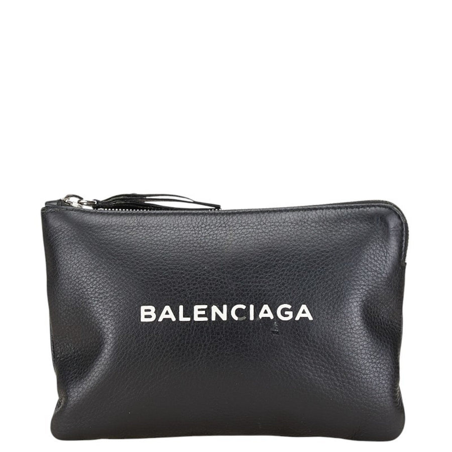 Balenciaga Logo Pouch Classic Black Leather Clutch