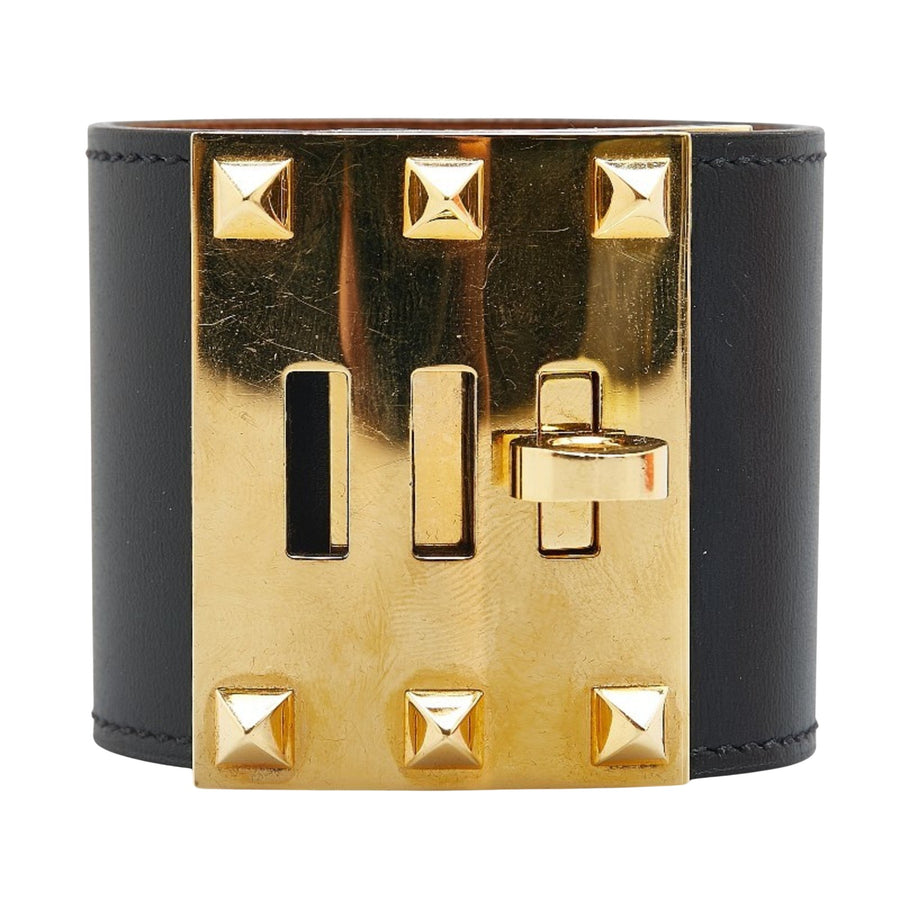 Hermes Kelly Cuff Bracelet Black Leather Gold
