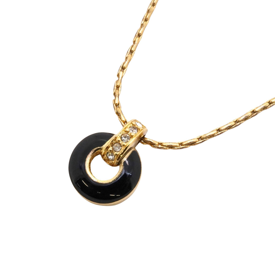 Dior Vintage Enamel Circle Pendant Necklace Black Enamel Gold Circle