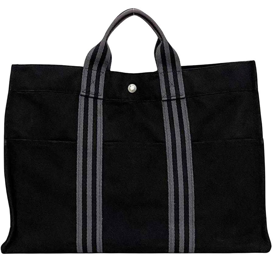 Hermes Canvas Tote Bag Black with Gray Stripes