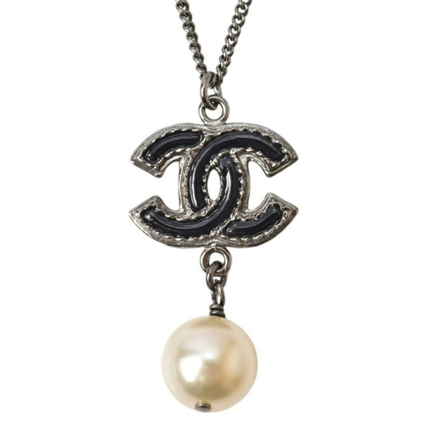 Chanel CC Pearl Pendant Necklace Black Enamel Pearl