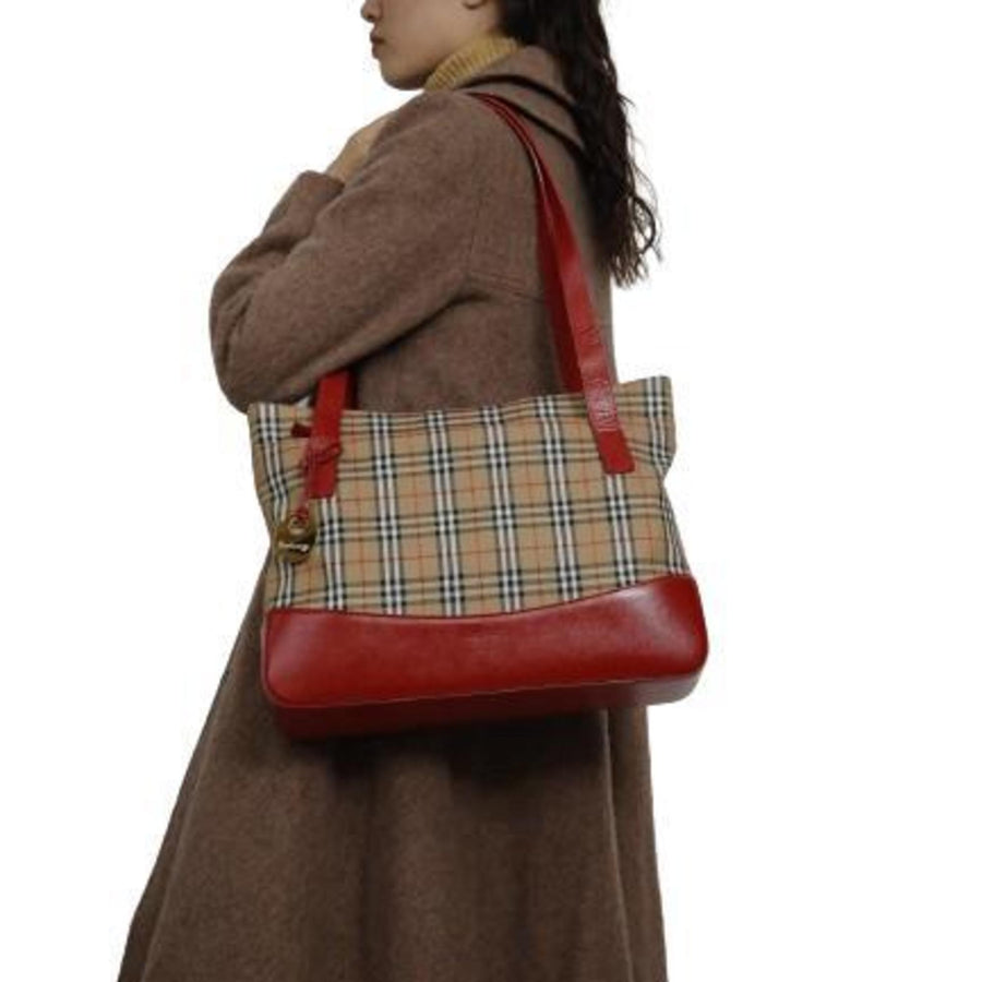 Burberry Red Trim Tote Classic Check Style