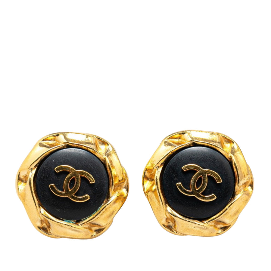 Chanel Vintage CC Button Earrings Black Resin