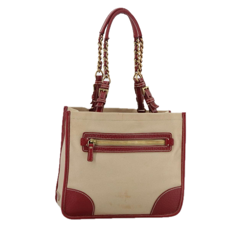 Prada Chain Tote Beige Canvas Red Leather
