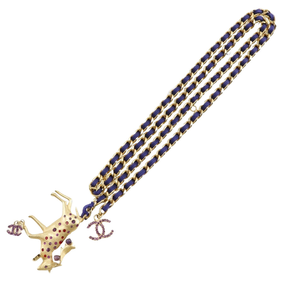 Chanel Deer Charm Necklace Gold Chain Purple Ribbon