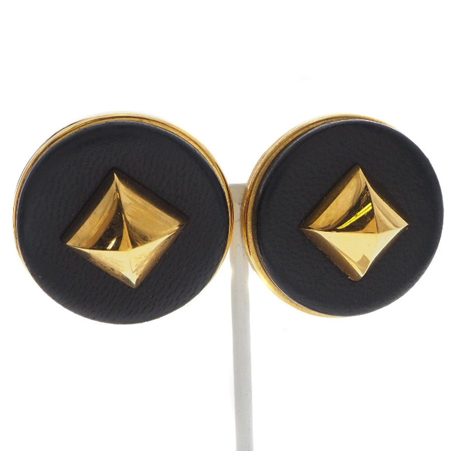 Hermes Round Leather Earrings Gold Pyramid Design