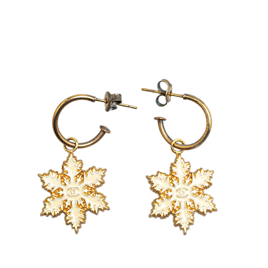 Chanel Gold Plated Snowflakes Hoop Push Back Earrings (20703)