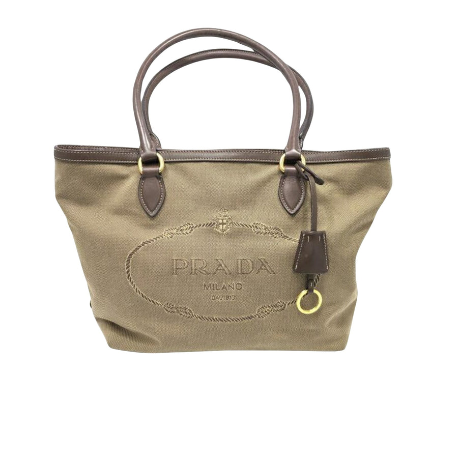 Prada Logo Jacquard Leather Bag with Metal Fittings