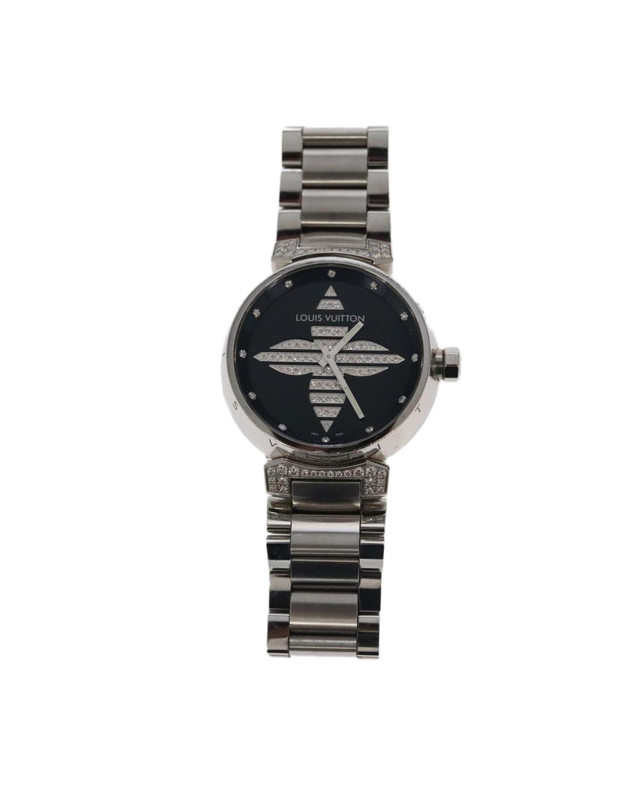 Louis Vuitton Luxury Stainless Steel Diamond Pave Watch with Enamel Belt