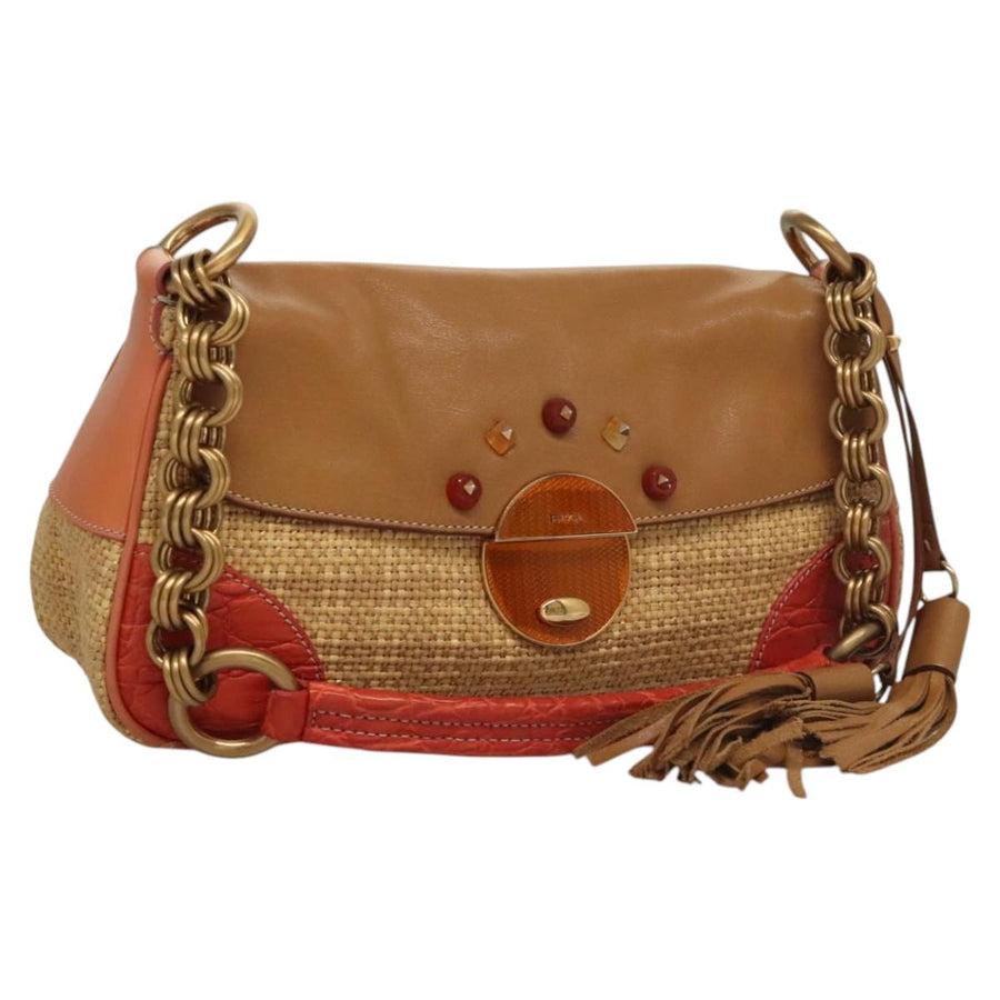 Prada Raffia Leather Shoulder Bag with Tassel