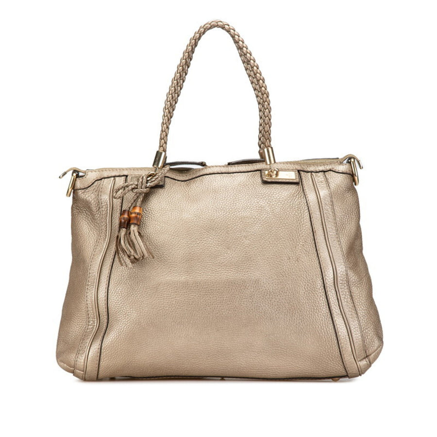 Gucci Bamboo Leather Tote Bag with Top Handle and Spacious Interior
