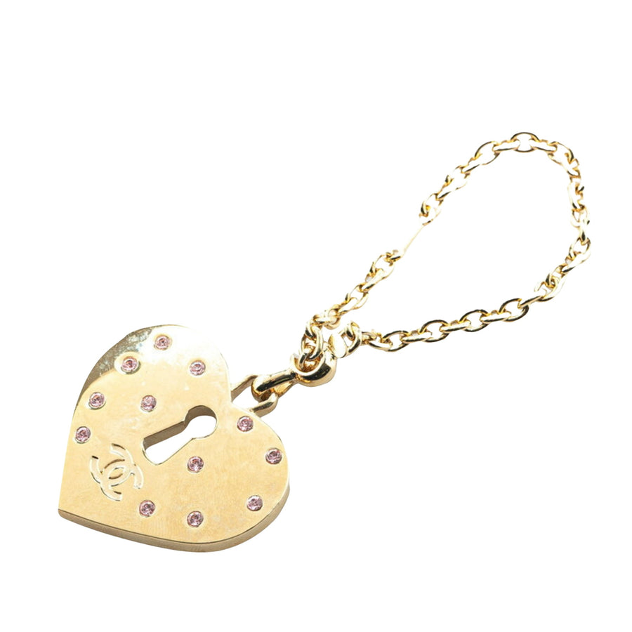 Chanel Heart Lock Keychain Pink Stones
