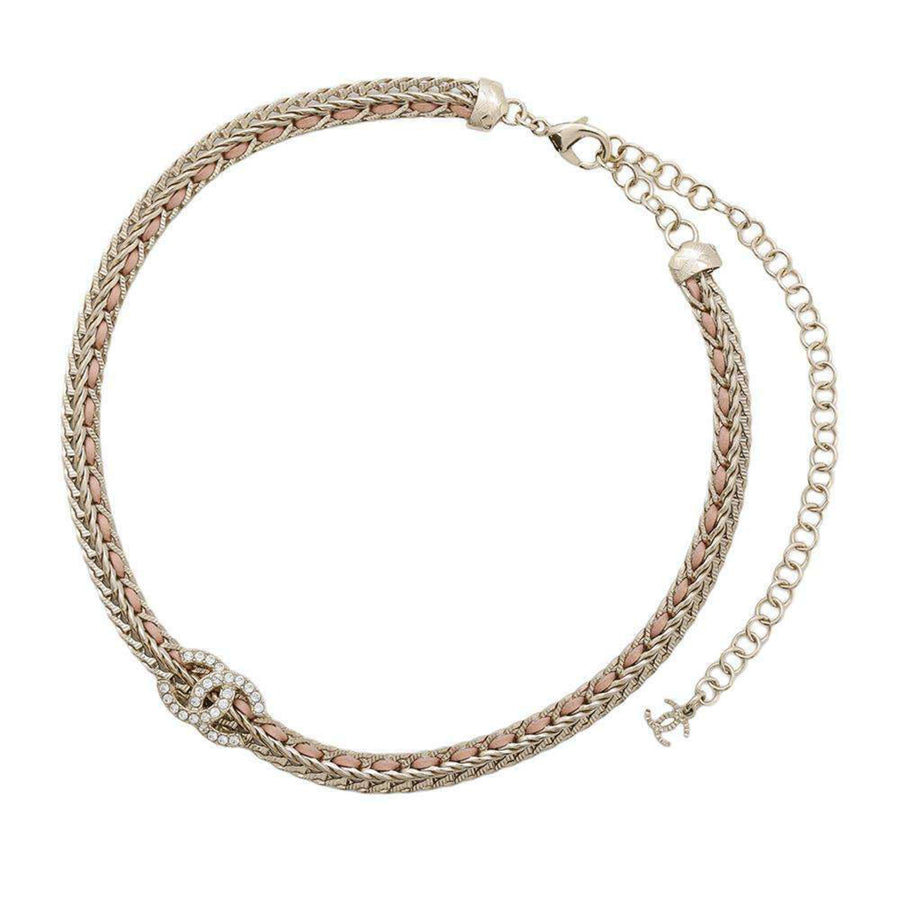 Chanel Braided Leather Necklace Crystal CC Logo