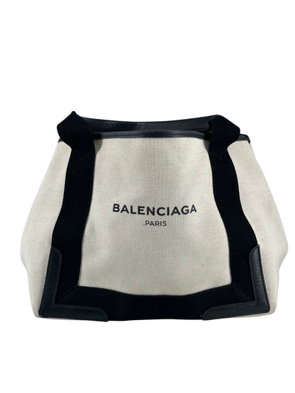 Balenciaga White Canvas Navy Cabas