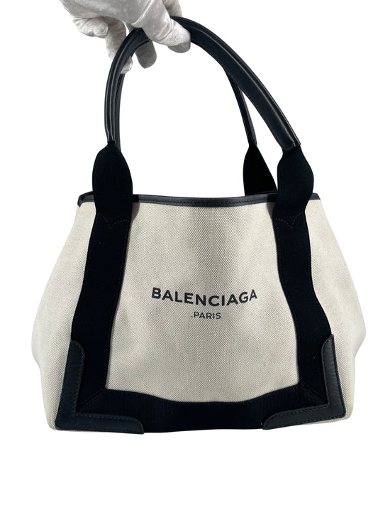 Balenciaga White Canvas Navy Cabas