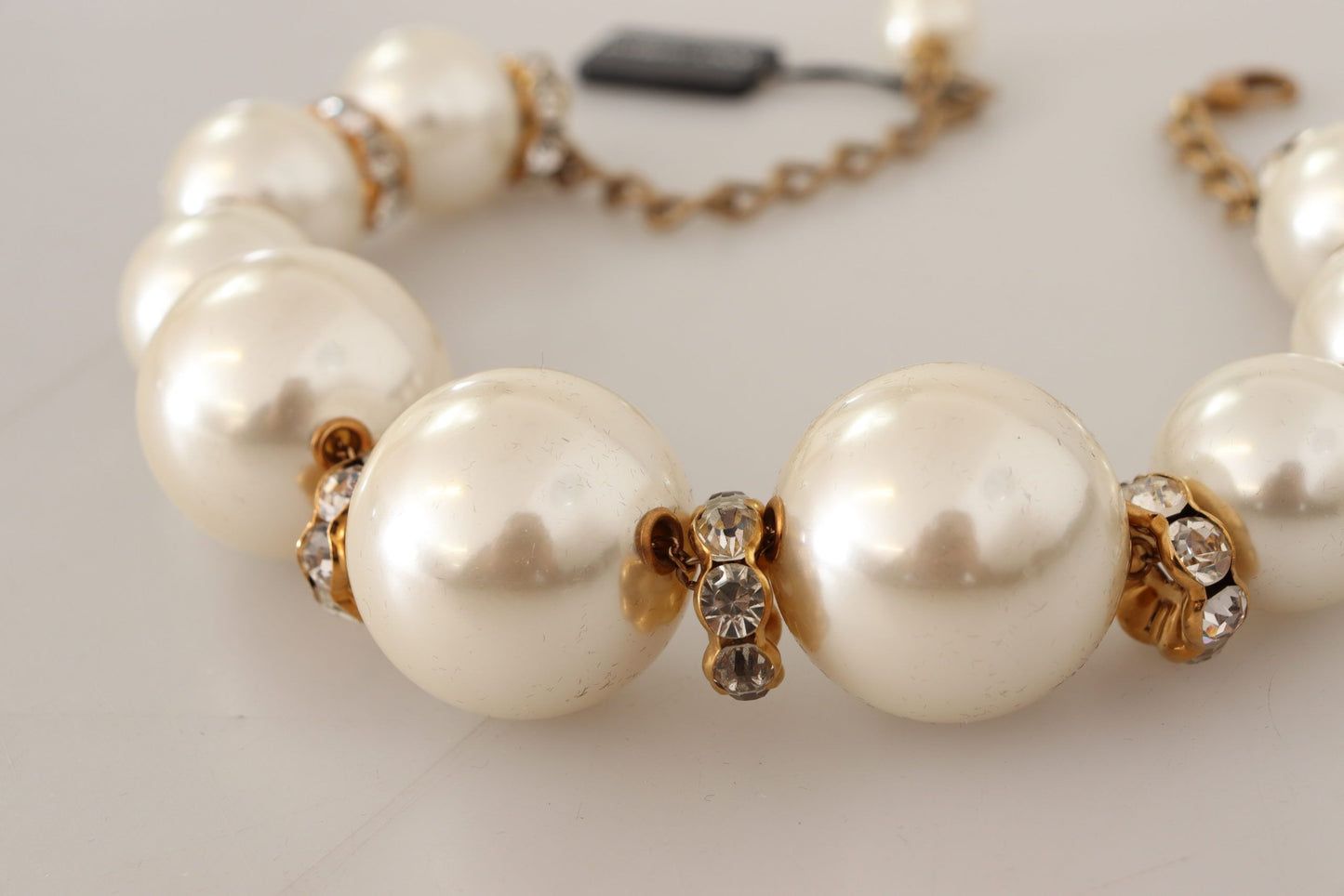Dolce & Gabbana Elegant Faux Pearl Charm Necklace With Crystal Accents