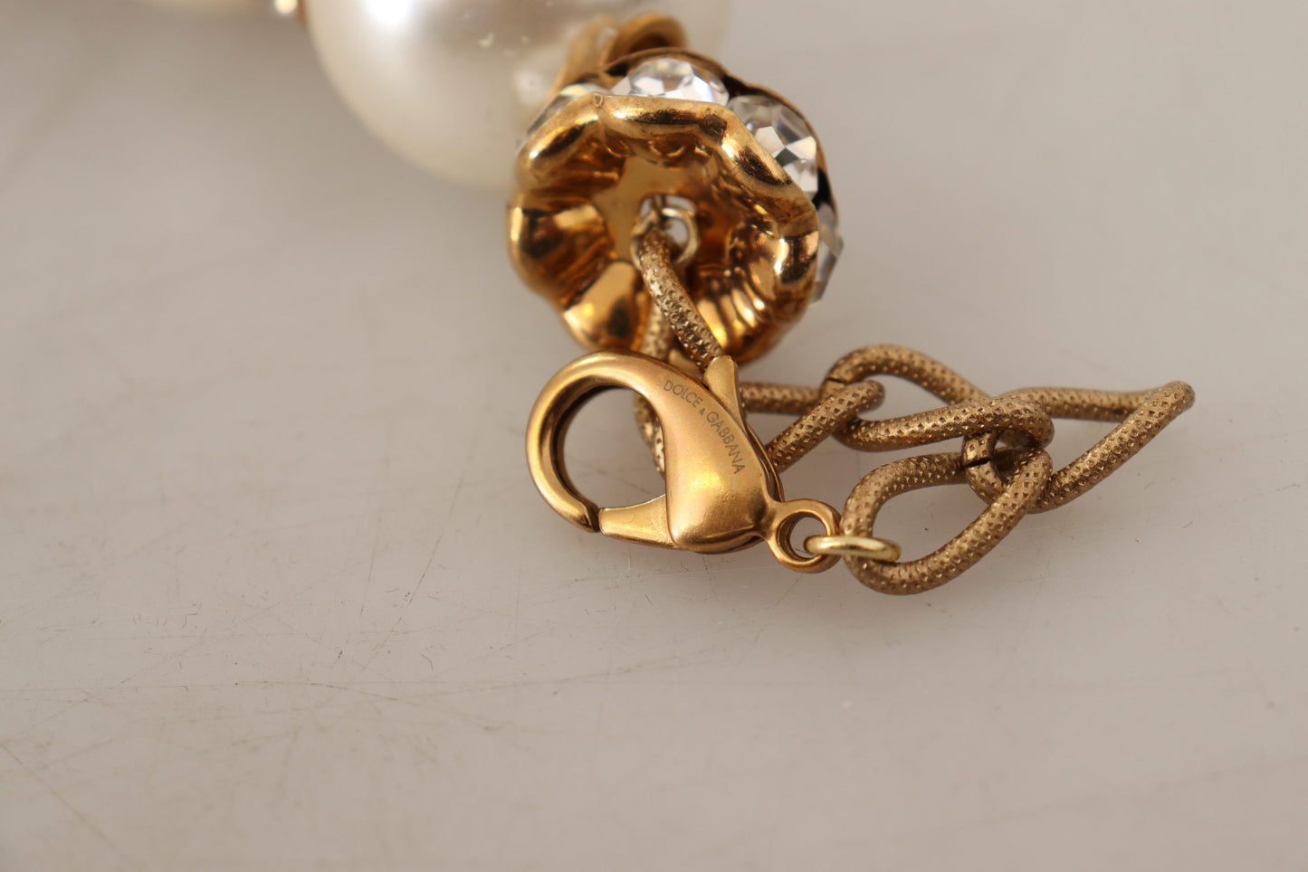 Dolce & Gabbana Elegant Faux Pearl Charm Necklace With Crystal Accents