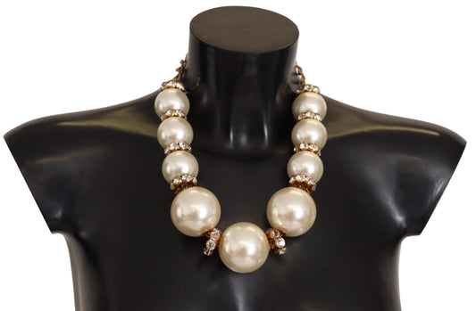 Dolce & Gabbana Elegant Faux Pearl Charm Necklace With Crystal Accents