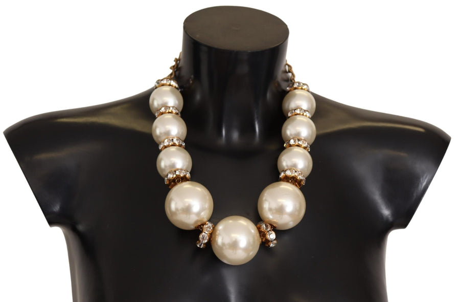 Dolce & Gabbana Elegant Faux Pearl Charm Necklace With Crystal Accents