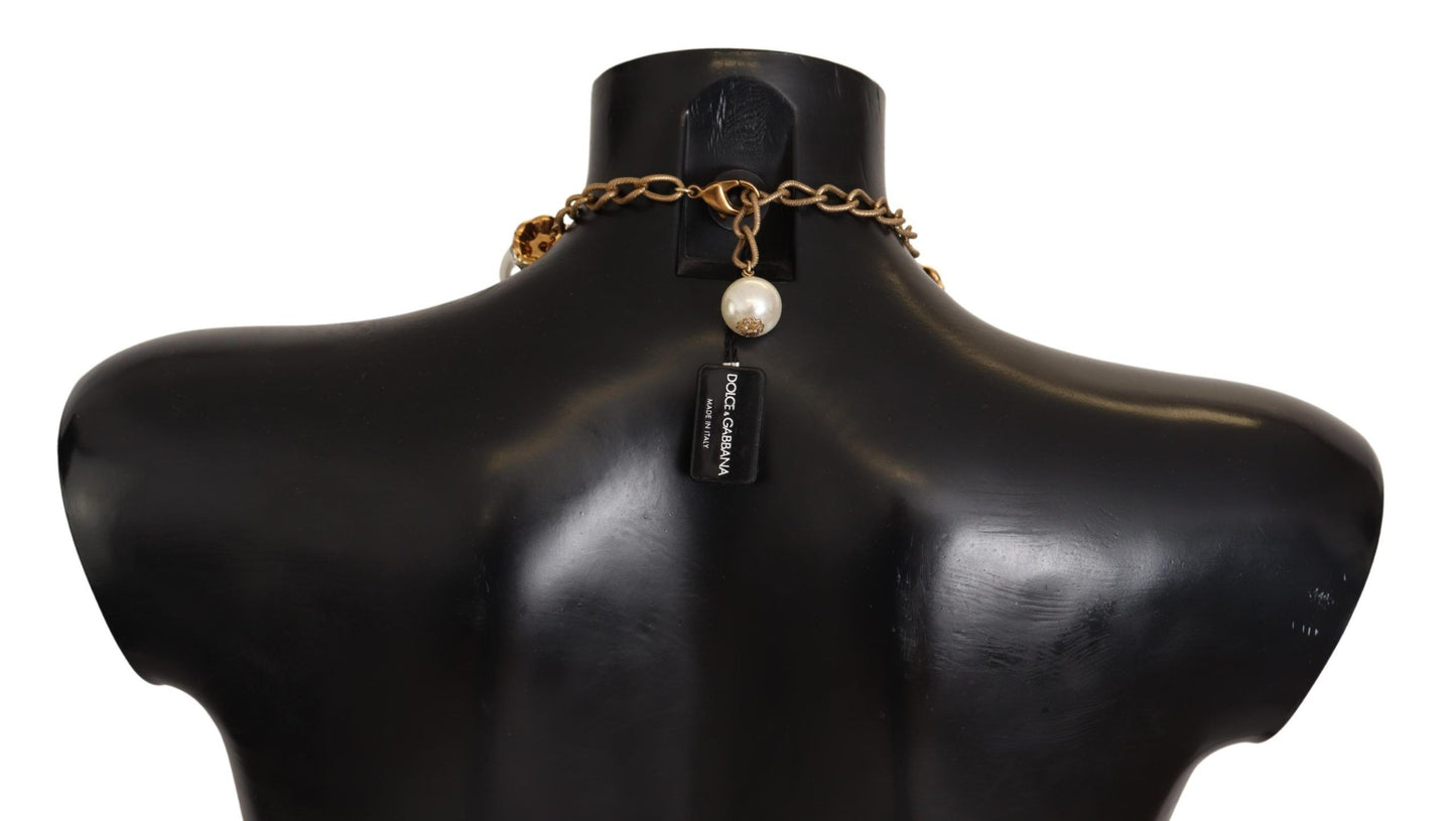 Dolce & Gabbana Elegant Faux Pearl Charm Necklace With Crystal Accents