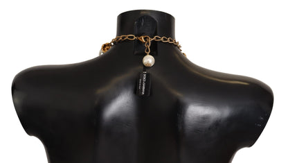 Dolce & Gabbana Elegant Faux Pearl Charm Necklace With Crystal Accents