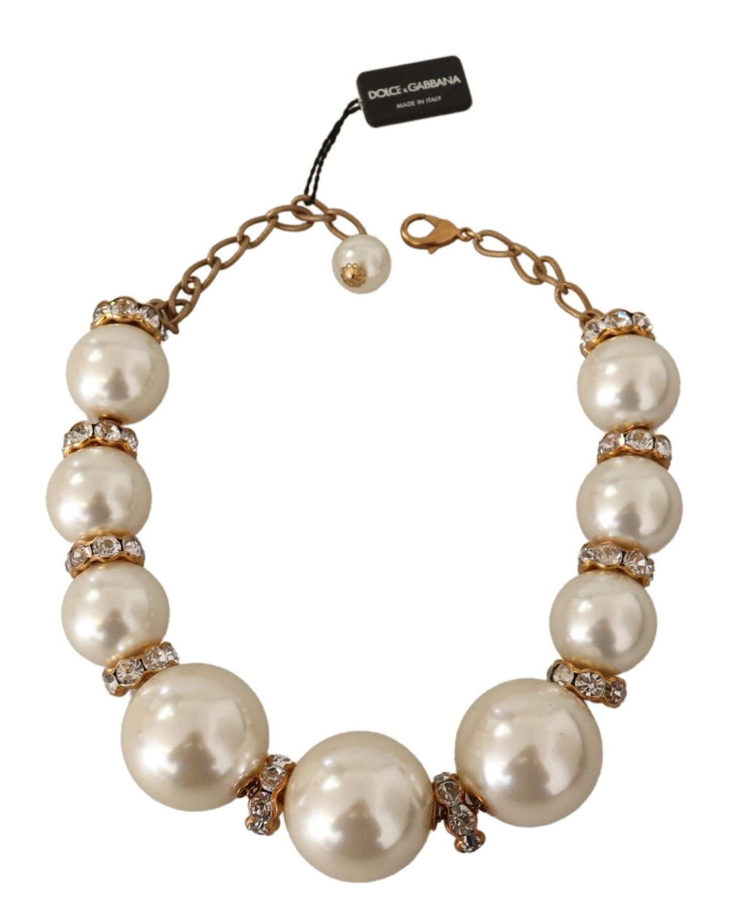 Dolce & Gabbana Elegant Faux Pearl Charm Necklace With Crystal Accents