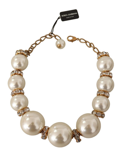 Dolce & Gabbana Elegant Faux Pearl Charm Necklace With Crystal Accents