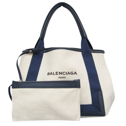 Balenciaga White Canvas Navy Cabas