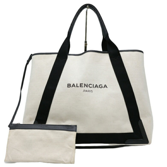 Balenciaga White Canvas Navy Cabas