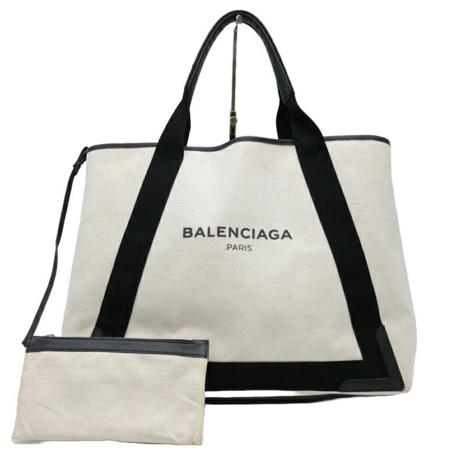 Balenciaga White Canvas Navy Cabas