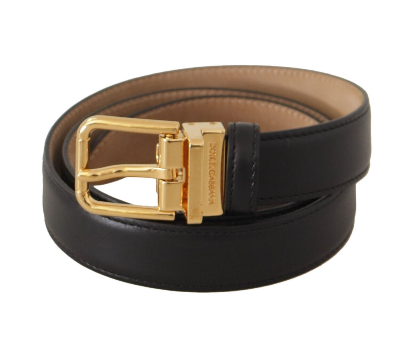 Dolce & Gabbana Elegant Black Leather Belt With Engraved Metal Buckle