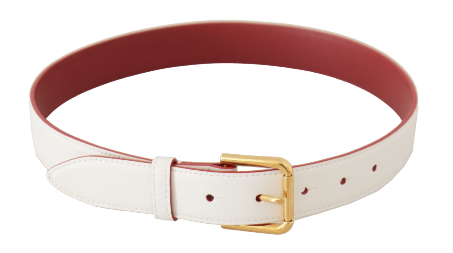 Dolce & Gabbana Elegant White Leather Belt With Engraved Buckle