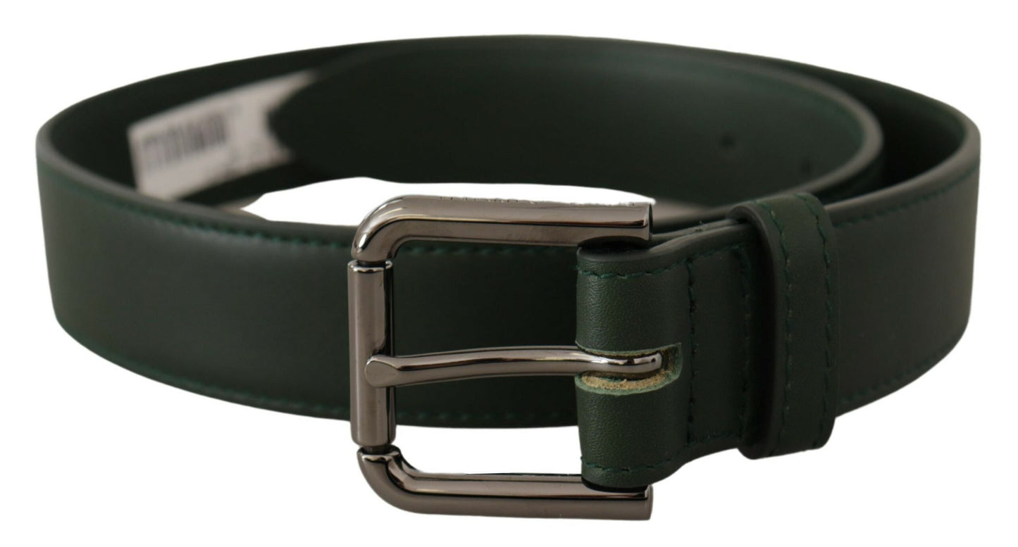 Dolce & Gabbana Elegant Dark Green Leather Belt With Logo Buckle