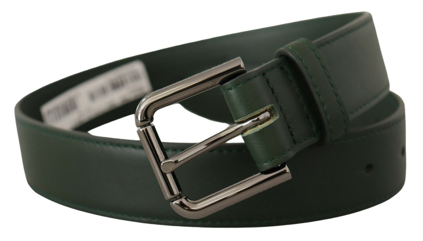 Dolce & Gabbana Elegant Dark Green Leather Belt With Logo Buckle