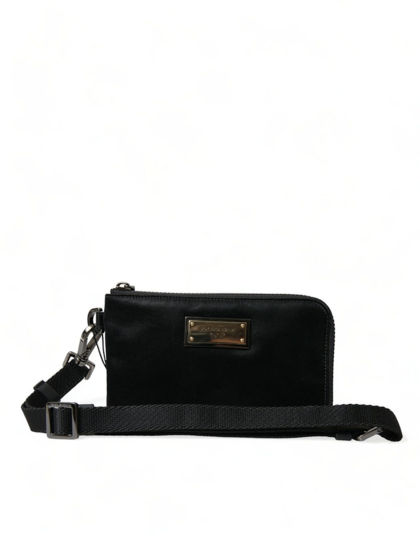 Dolce & Gabbana Elegant Black Nylon Leather Pouch With Silver Details