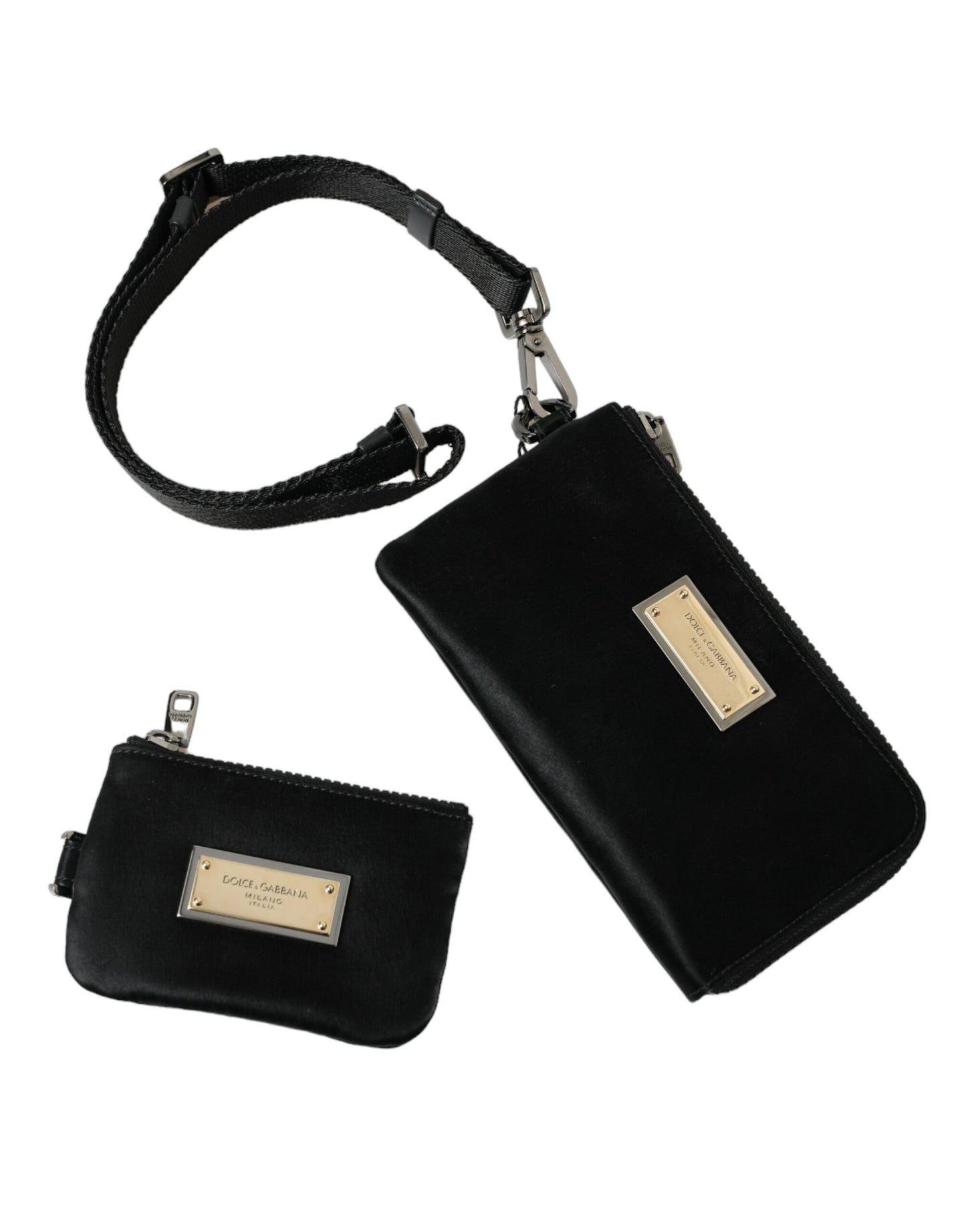 Dolce & Gabbana Elegant Black Nylon Leather Pouch With Silver Details