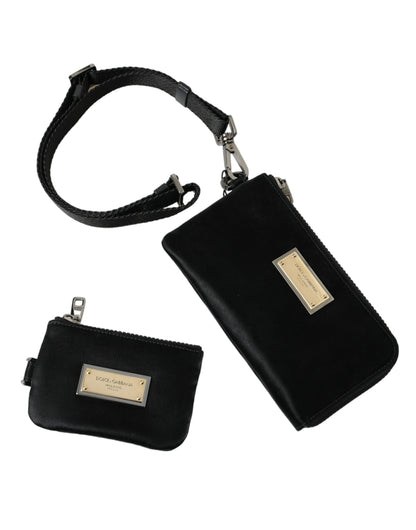 Dolce & Gabbana Elegant Black Nylon Leather Pouch With Silver Details