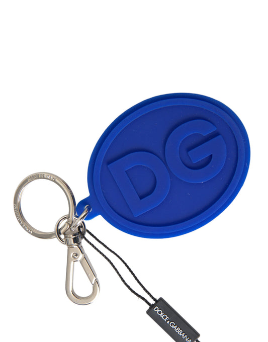 Dolce & Gabbana Blue Rubber Dg Logo Silver Brass Metal Keyring Keychain