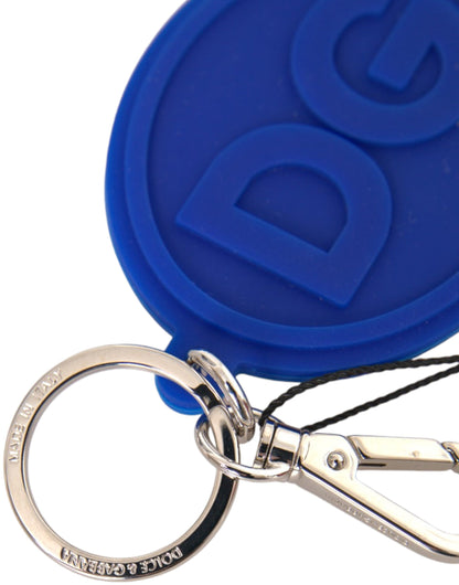 Dolce & Gabbana Blue Rubber Dg Logo Silver Brass Metal Keyring Keychain