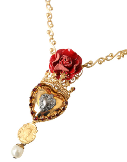 Dolce & Gabbana Gold Brasschain Sacred Heart Rose Crystal Charm Necklace