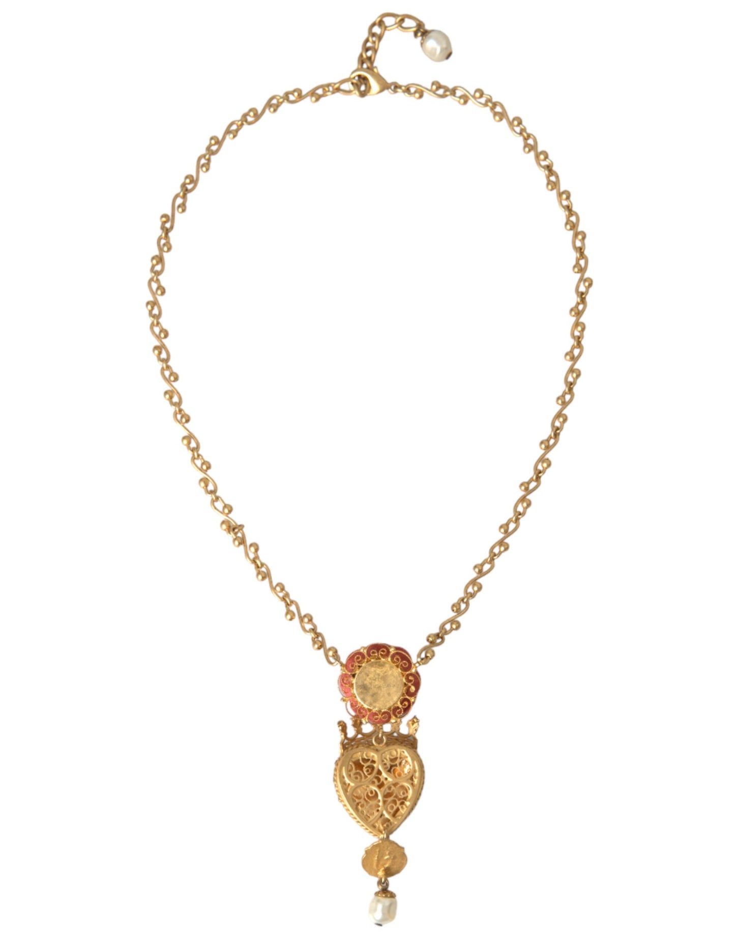 Dolce & Gabbana Gold Brasschain Sacred Heart Rose Crystal Charm Necklace
