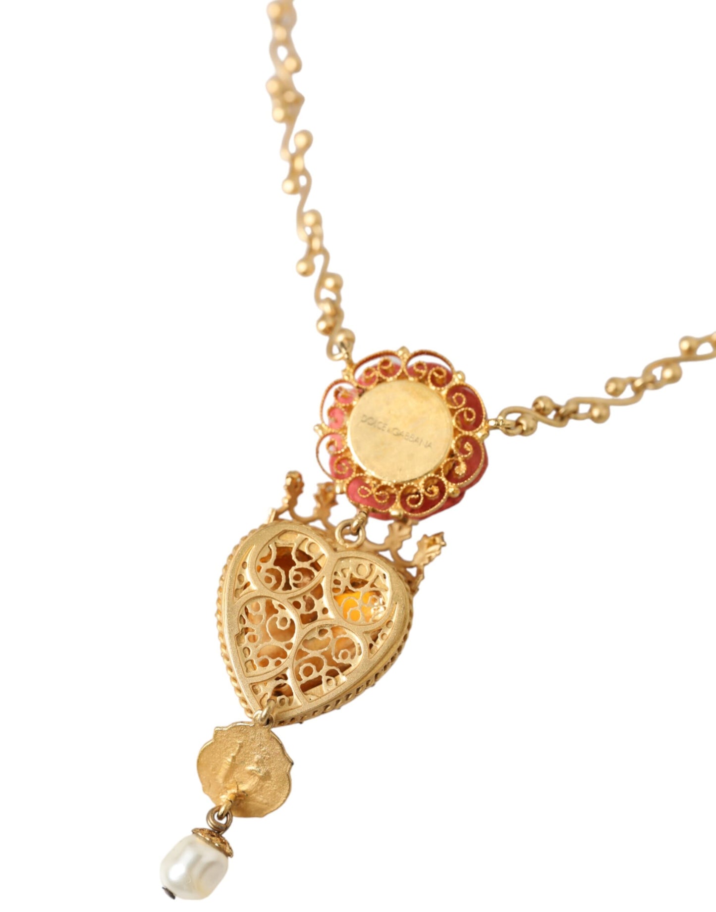 Dolce & Gabbana Gold Brasschain Sacred Heart Rose Crystal Charm Necklace