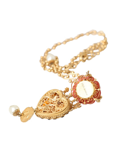 Dolce & Gabbana Gold Brasschain Sacred Heart Rose Crystal Charm Necklace