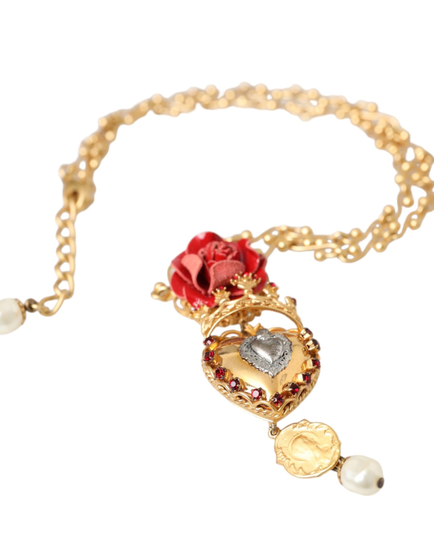 Dolce & Gabbana Gold Brasschain Sacred Heart Rose Crystal Charm Necklace