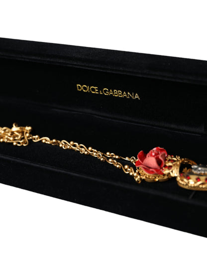 Dolce & Gabbana Gold Brasschain Sacred Heart Rose Crystal Charm Necklace