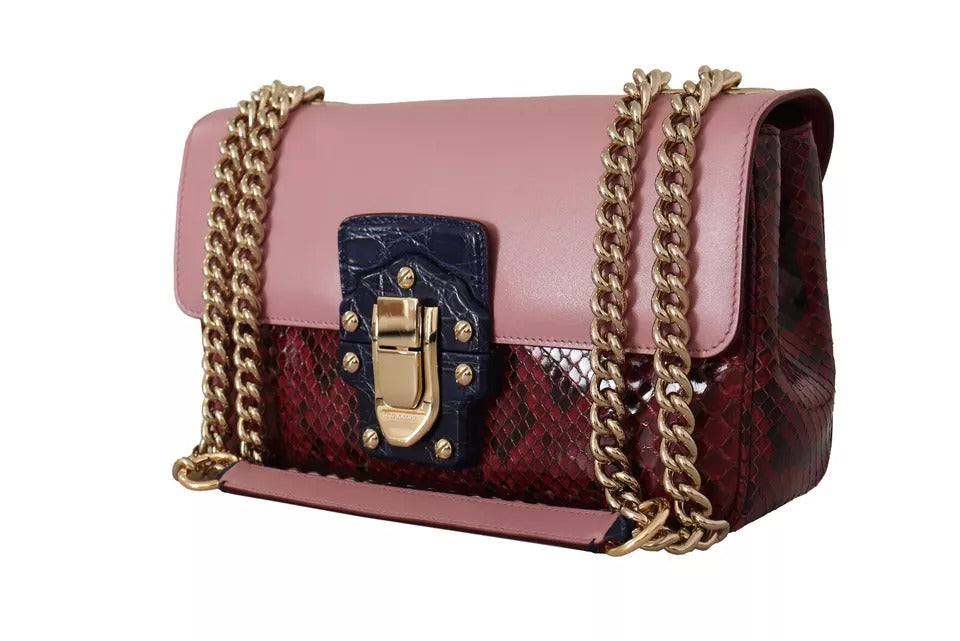 Dolce & Gabbana Pink Red Exotic Skins Gold Chain Purse Lucia Leather Bag