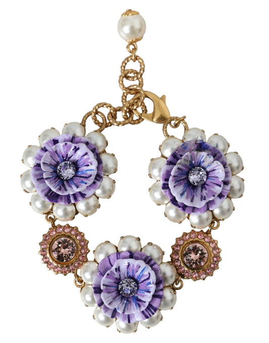 Dolce & Gabbana Gold Fiori Blooming Floral Baroque Crystals Bracelet