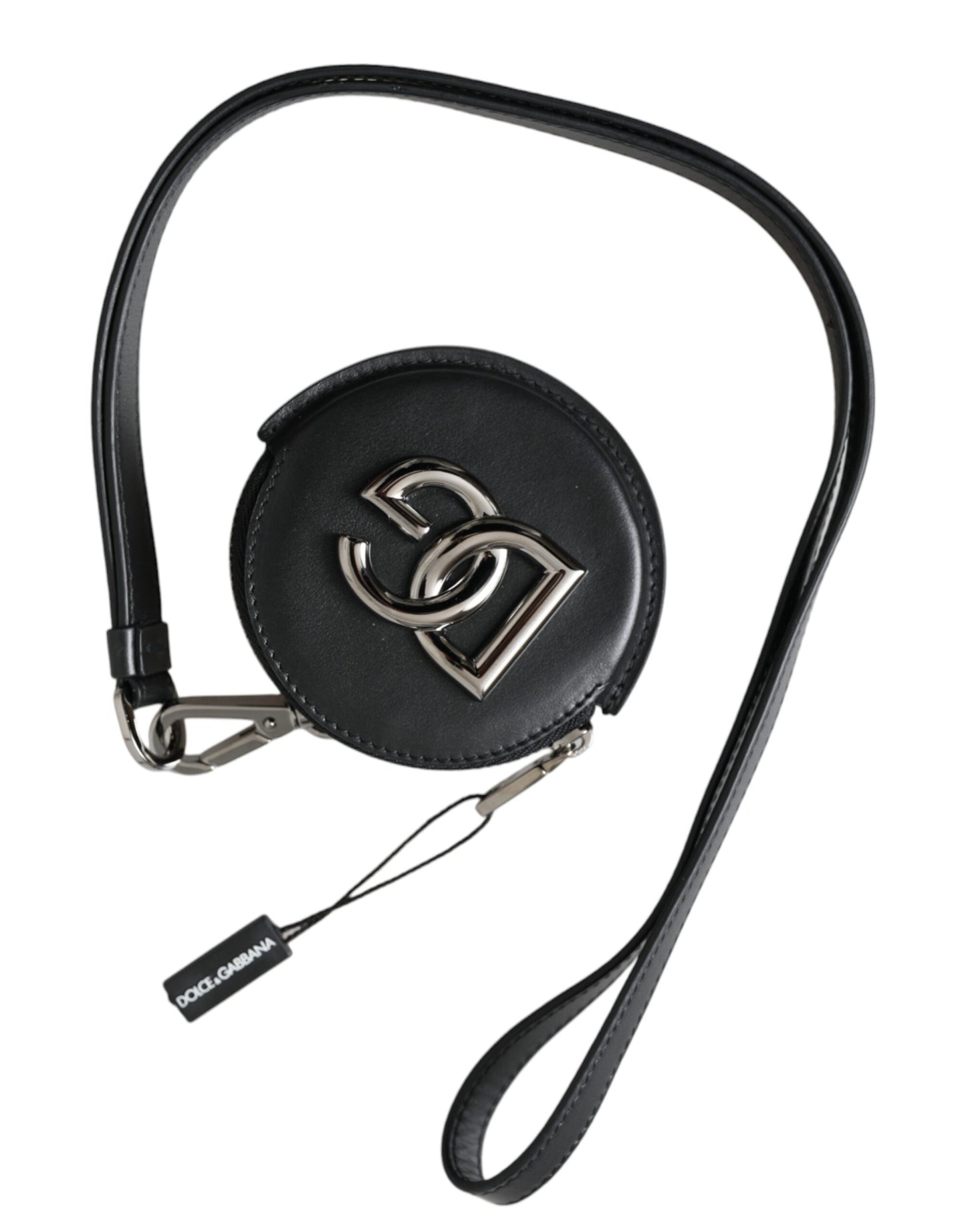 Dolce & Gabbana Black Round Leather Dg Logo Coin Purse Lanyard Wallet