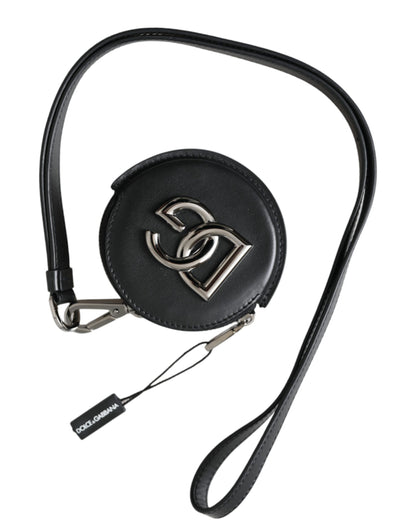 Dolce & Gabbana Black Round Leather Dg Logo Coin Purse Lanyard Wallet